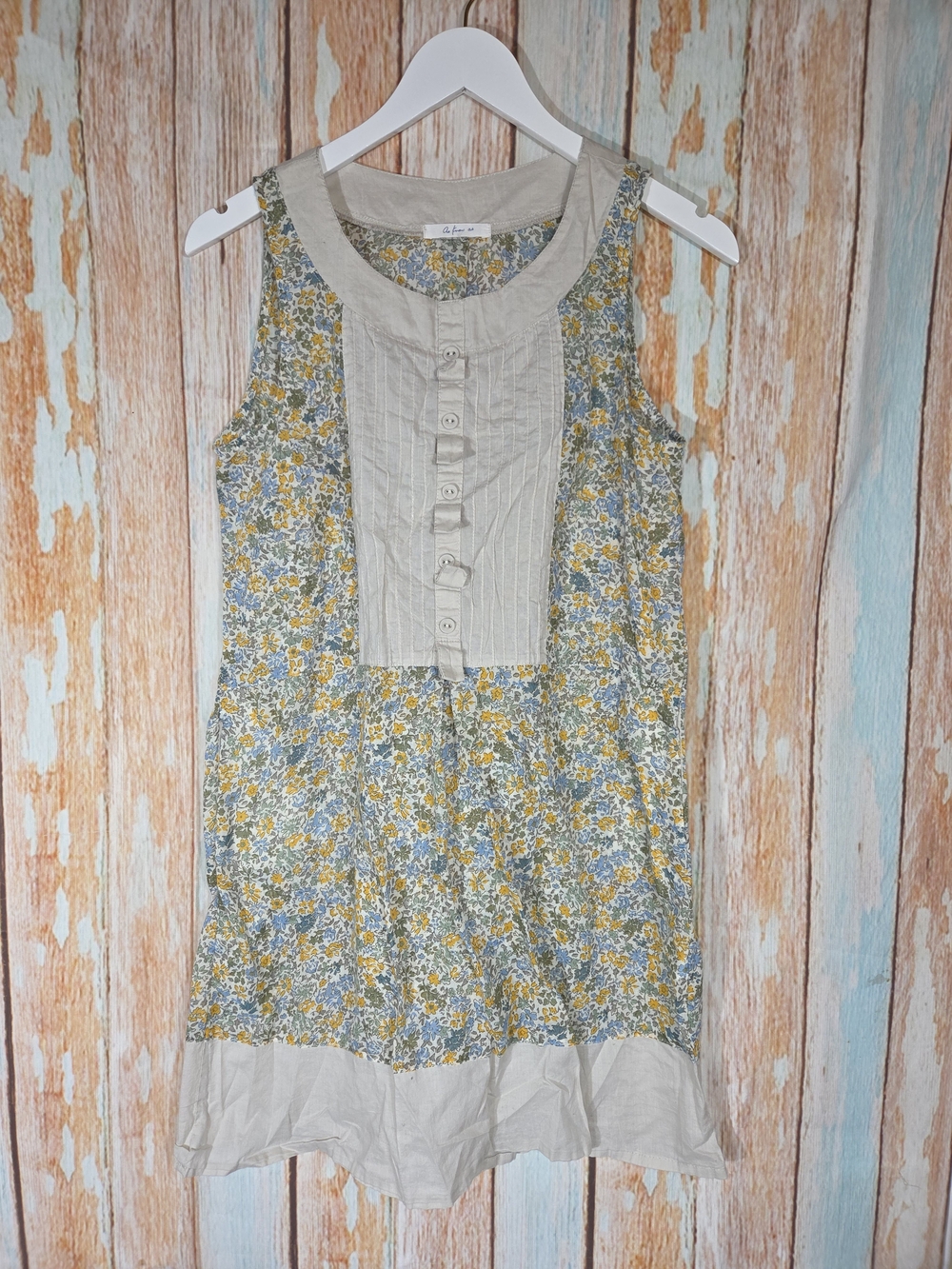 As Know As Sheer Yellow & Blue Floral Sleeveless Dress w/Cream Bib Trim.